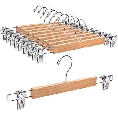 Amber Home 10 adet 36 cm doğal ahşap elbise askısı, sağlam ve parlak pantolon askısı, pantolon, şort, etek, çorap, iç çamaşırı için, kaymaz klipsli ve döner kancalı