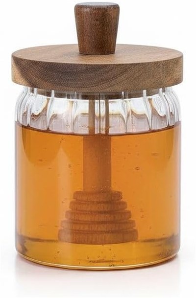 AmberHaus 450 ml Akasya Ahşap Kapaklı ve Kaşıklı Cam Bal Kavanozu - Vakumlu Kahvaltılık Bal, Reçel ve Pekmez Saklama Kabı - Sofralar İçin Doğal Cam Sunumluk