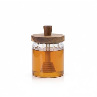 AmberHaus 450 ml Akasya Ahşap Kapaklı ve Kaşıklı Cam Bal Kavanozu - Vakumlu Kahvaltılık Bal, Reçel ve Pekmez Saklama Kabı - Sofralar İçin Doğal Cam Sunumluk