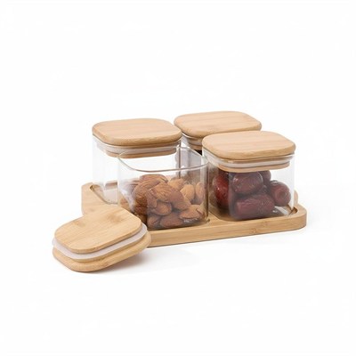 AmberHaus Bambu Kapaklı Cam Kahvaltılık Seti | Ahşap Standlı | Şık Tezgah Üstü Baharat ve Kuruyemiş Düzenleyici Kavanoz (Bambu, 4lü Set)