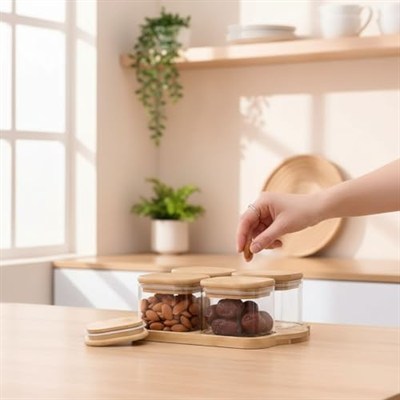 AmberHaus Bambu Kapaklı Cam Kahvaltılık Seti | Ahşap Standlı | Şık Tezgah Üstü Baharat ve Kuruyemiş Düzenleyici Kavanoz (Bambu, 4lü Set)