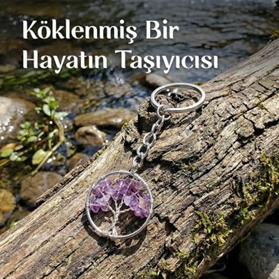 Ametist Taşı Hayat Ağacı Anahtarlık - Taş Sandığı