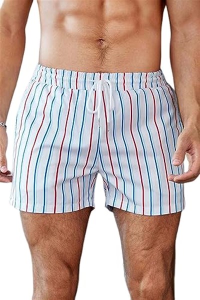 Angelsin Erkek Basic Standart Boy Renkli Çizgili Baskılı Mayo Cepli Deniz Şortu