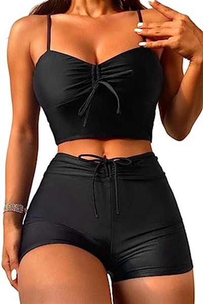 Angelsin Önden Ayarlı Büzgülü Deniz Şortlu Tankini Bikini Takım