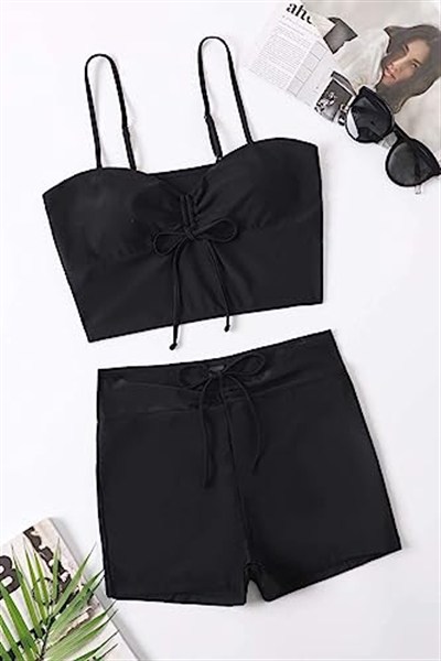 Angelsin Önden Ayarlı Büzgülü Deniz Şortlu Tankini Bikini Takım