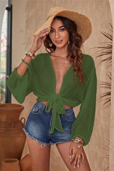 Angelsin Önden Bağlamalı Salaş Gömlek Pareo Crop Bluz