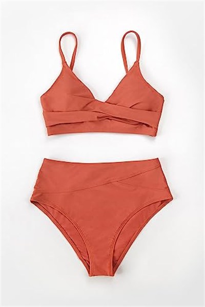 Angelsin Özel Tasarım Önden Çarpraz Yüksek Bel Bikini Takım