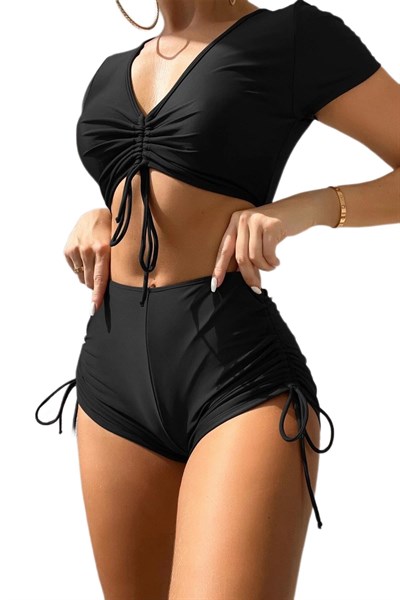 Angelsin Özel tasarım Yarım Kol Büzgü Detaylı Bikini Takım
