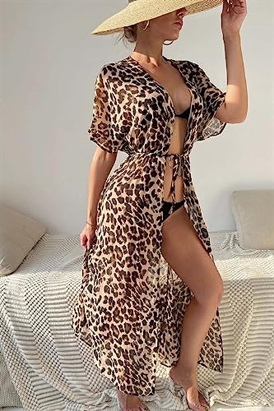 Angelsin Şifon Uzun Önden Bağlamalı Leopar Plaj Elbisesi Pareo Kimono