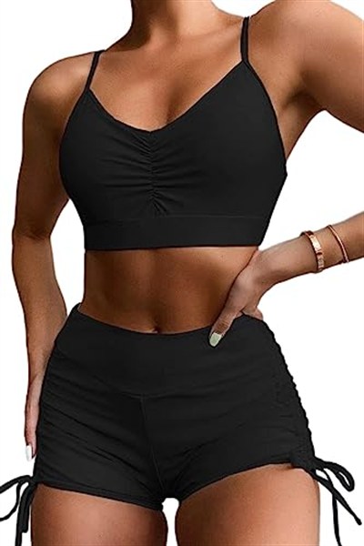 Angelsin Yanlardan Ayarlı Büzgülü Deniz Şortlu Tankini Bikini Takım