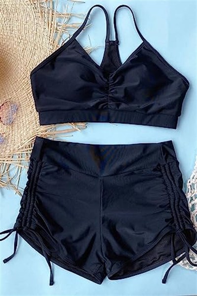 Angelsin Yanlardan Ayarlı Büzgülü Deniz Şortlu Tankini Bikini Takım