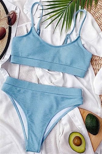 Angelsin Yüksek Bel Fitilli Kumaş Tankini Bikini Takım