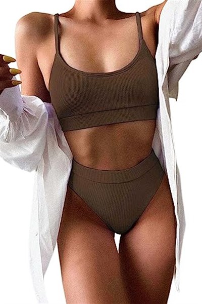 Angelsin Yüksek Bel Fitilli Kumaş Tankini Bikini Üstü
