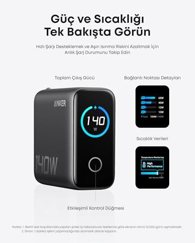 Anker 140W USB-C Şarj Cihazı, 4 Bağlantı Noktalı, Çoklu Cihaz Hızlı Şarj Gücü, Gelişmiş GaN Güç Kaynağı, Dokunmatik Kontrol, Siyah - B2697