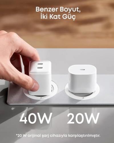 Anker 521 Nano Pro Şarj Cihazı, Kompakt, 40W, PowerIQ 3.0 Çift Portlu USB-C Güç Adaptörü, Beyaz - A2038