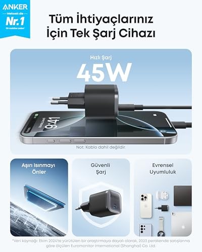 Anker B2692 Nano 45W Şarj Cihazı & USB-C Kablo, Siyah