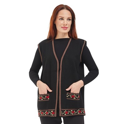 Anne Triko Siyah Gül Motifli Kısa Cepli Yelek