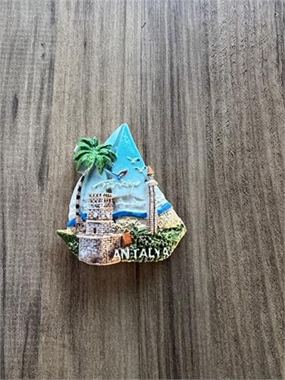 Antalya Temalı Dekoratif Buzdolabı Magneti, Mavi ve Yeşil Tonlarda, El Yapımı Turistik Hediyelik Eşya