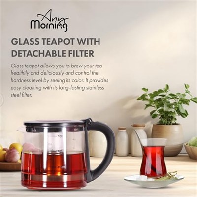 Any Morning 1 L Cam Demlikli 2 L Çelik Su Isıtıcılı Çay Makinesi, Kablosuz Tabanlı DE23203SX