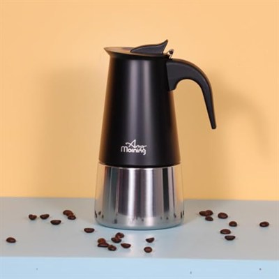 Any Morning FE001-6 Espresso Kahve Makinesi Paslanmaz Çelik İndüksiyonlu Moka Pot 300 Ml Siyah