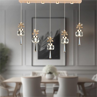 Apliqa Amaris 5li Sıralı 3 Renkli 70 Watt Gold Kelebek Led Avize Kristal Ledli Modern Oturma Odası Salon Sarkıt Avize