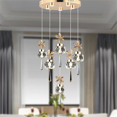 Apliqa Amaris 6lı Yuvarlak Gold Kelebek Led Avize Kristal Ledli Modern Oturma Odası Büyük Salon Sarkıt Avize