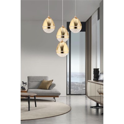 Apliqa Amaya 4lü Yuvarlak Gold Damla Başlıklı Modern Salon Led Avize