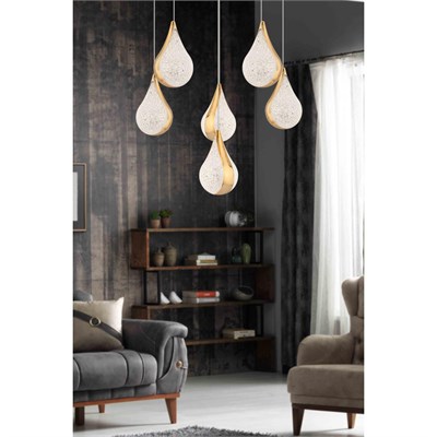 Apliqa Biana 6lı Yuvarlak Gold Damla Başlıklı Modern Salon Led Avize