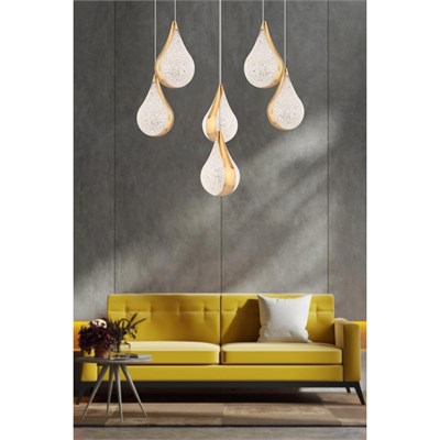 Apliqa Biana 6lı Yuvarlak Gold Damla Başlıklı Modern Salon Led Avize