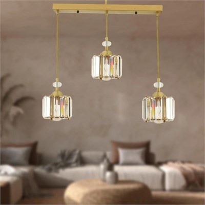 Apliqa Bonita Eskitme 3 Lü Sıralı Kristalli Taşlı Modern Tasarım Kristal Salon Sarkıt Avize
