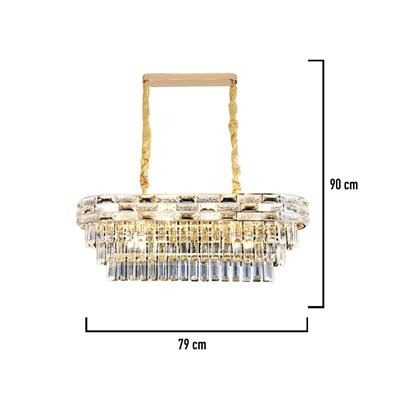 Apliqa Dolares Sıralı 40 Watt Dikdörtgen Gold Kristal Taşlı Yemek Masası Üstü, Salon Avize