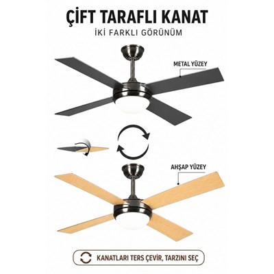 Apliqa Ellis 4lü Modern Tasarım Tavan Vantilatörü Led Avize Kumandalı Mobil Uygulamalı 3 Renk Aydınlatma Sessiz Dc Motor