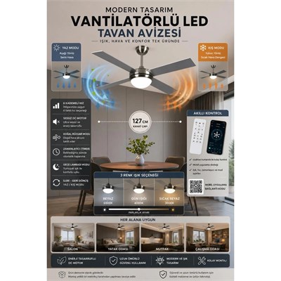 Apliqa Ellis 4lü Modern Tasarım Tavan Vantilatörü Led Avize Kumandalı Mobil Uygulamalı 3 Renk Aydınlatma Sessiz Dc Motor