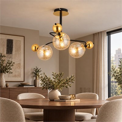Apliqa Florit 3lü Siyah Gold Modern Oturma Odası Salon Avize