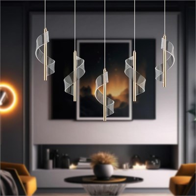 Apliqa Jadon 5li Sıralı 3 Renkli 40 Watt Gold Kristal Ledli Modern Oturma Odası Salon Sarkıt Avize