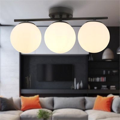 Apliqa Lumera 3lü Beyaz Camlı Plafonyer Siyah Avize