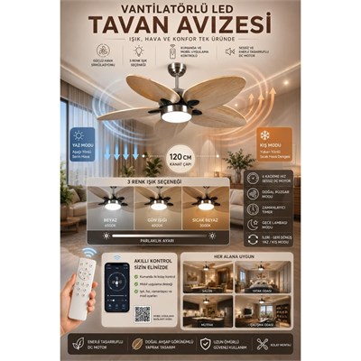 Apliqa Mirken Ahşap Görünümlü 5li Eskitme Tavan Vantilatörü Led Avize Kumandalı Mobil Uygulamalı 3 Renk Aydınlatma Sessiz Dc Motor