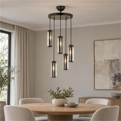Apliqa Natali 5 Li Yuvarlak Siyah Modern Kristalli, Taşlı Modern Tasarım Kristal Salon Sarkıt Avize