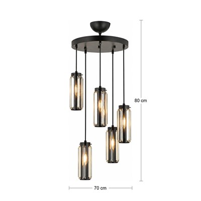 Apliqa Natali 5 Li Yuvarlak Siyah Modern Kristalli, Taşlı Modern Tasarım Kristal Salon Sarkıt Avize