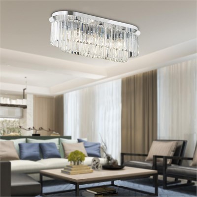 Apliqa Nilüfer Dikdörtgen Krom Kristalli, Taşlı Modern Tasarım Yemek Masası Üstü, Kristal Salon Avize