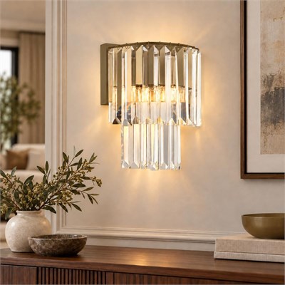Apliqa Nilüfer Yuvarlak Eskitme 3 Parça Kristalli Taşlı Modern Tasarım Kristal Salon Avize-aplik Seti