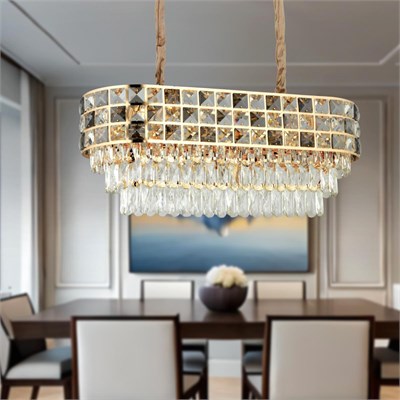 Apliqa Orrel 10lu Sıralı Gold Kristal Taşlı Modern Yemek Odası Salon Sarkıt Avize