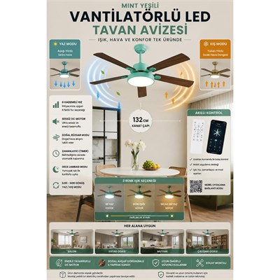 Apliqa Veyla Yeşil 5li Modern Ahşap Detaylı Tavan Vantilatörü Led Avize Kumandalı Mobil Uygulamalı 3 Renk Aydınlatma Sessiz Dc Motor