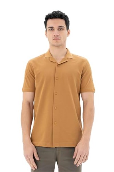 Ar-ma Erkek Polo Yaka Kısa Kollu Gömlek Regular Fit%100 Pamuk Penye Pike Düğme Kapamalı Cepsiz Y25374351101 Kahverengi-K1