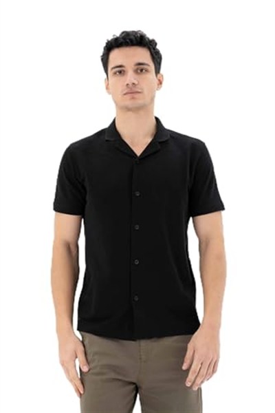 Ar-ma Erkek Polo Yaka Kısa Kollu Gömlek Regular Fit%100 Pamuk Penye Pike Düğme Kapamalı Cepsiz Y25374351101 Siyah-S1