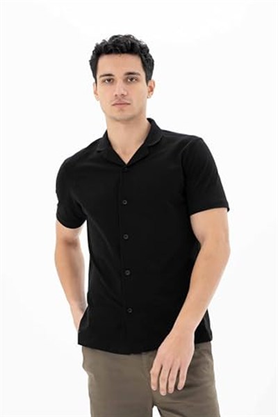 Ar-ma Erkek Polo Yaka Kısa Kollu Gömlek Regular Fit%100 Pamuk Penye Pike Düğme Kapamalı Cepsiz Y25374351101 Siyah-S1