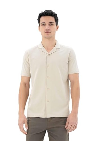 Ar-ma Erkek Polo Yaka Kısa Kollu Gömlek Regular Fit%100 Pamuk Penye Pike Düğme Kapamalı Cepsiz Y25374351101 Bej-B1