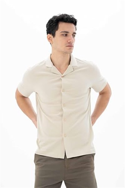 Ar-ma Erkek Polo Yaka Kısa Kollu Gömlek Regular Fit%100 Pamuk Penye Pike Düğme Kapamalı Cepsiz Y25374351101 Bej-B1