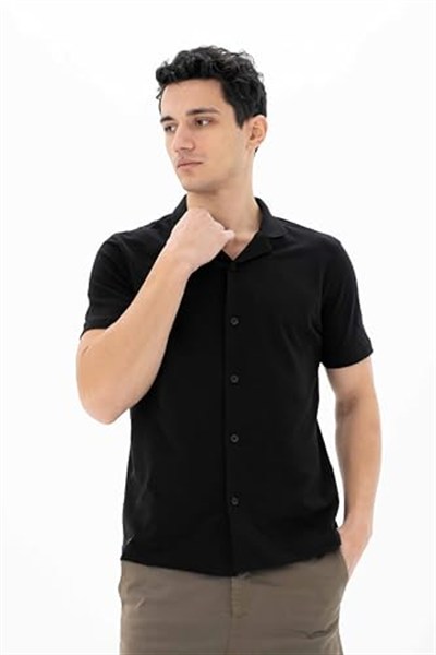 Ar-ma Erkek Polo Yaka Kısa Kollu Gömlek Regular Fit%100 Pamuk Penye Pike Düğme Kapamalı Cepsiz Y25374351101 Siyah-S1