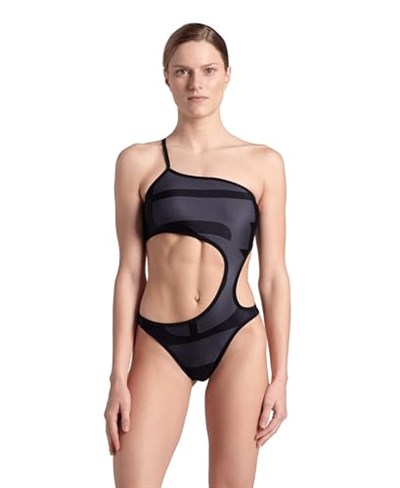 Arena Womens Arena Logo One Piece Single Shoulder Mayo, Asphalt Multi-Black-Black, M